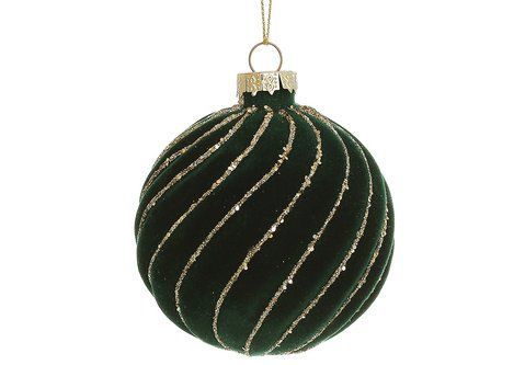 115-122 Twisted Christmas tree ball with velvet coating and glitter decor 8cm, color - dark green