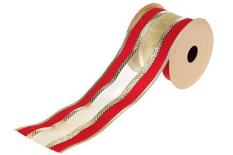 821-081 Decorative ribbon 6.3*270cm, color - red velvet with champagne mesh insert
