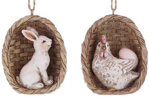 K07-493 Figurine-pendant Rabbit in a basket and Hen in a basket, 6.5cm, 2 designs