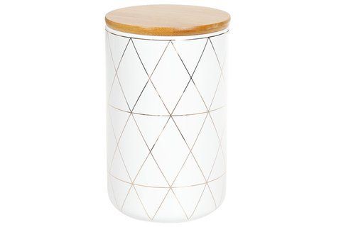 304-911 Ceramic jar 850ml with bamboo lid Rhombus, 16cm, color - white with gold