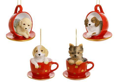 K07-880 Decorative figurine Dog in a cup with a saucer 8cm and 10cm, 4 designs