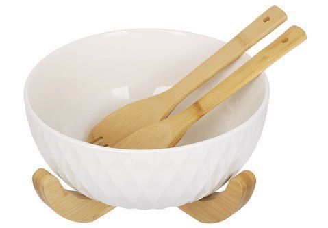 289-430 Porcelain salad bowl on a bamboo stand with kitchen utensils Romb, D24*13cm