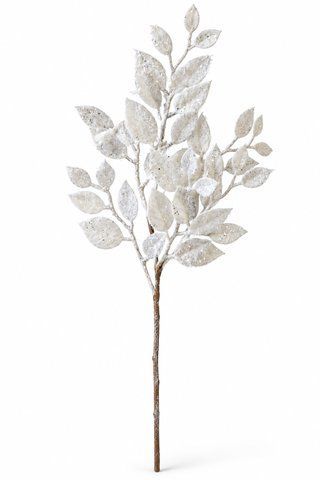 6387 Branch with white glittered leaves (45 cm)