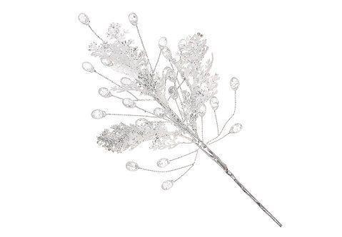 CR8-454 Decorative pine branch with acrylic drops 23cm, color - white with silver glitter