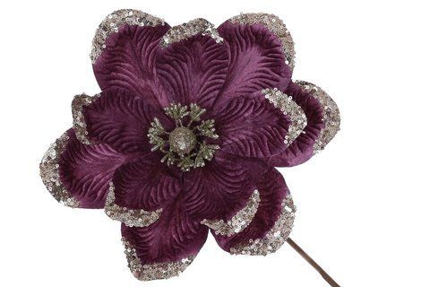 807-385 Decorative flower Magnolia made of velvet with glitter 26cm, stem 50cm, color - purple