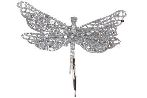 839-515 Christmas tree decoration on a clip Dragonfly, 17cm, color - silver glitter