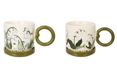 992-874 Ceramic mug 350 ml with lid-stand Lily of the Valley, 2 designs, color - olive