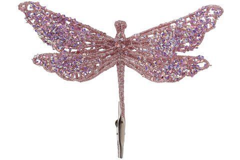 839-421 Christmas tree decoration on a clip Dragonfly, 17cm, color - pink glitter with lavender powder