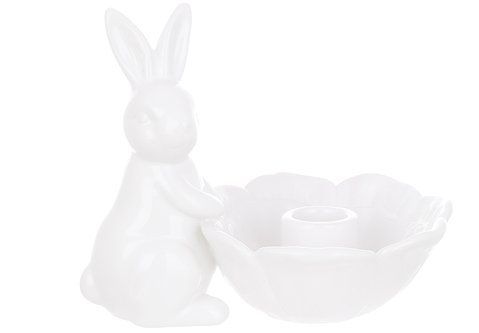 733-597 Ceramic candlestick Rabbit with a flower, 13cm, color-white