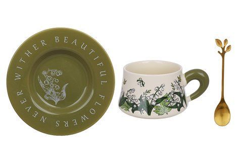 992-838 Set ceramic cup 270 ml with a saucer and a spoon Lily of the valley, color - olive