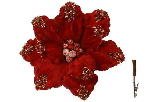 333-725 Velvet flower Magnolia on a clip, with beads and sequins D27cm, color - red with gold