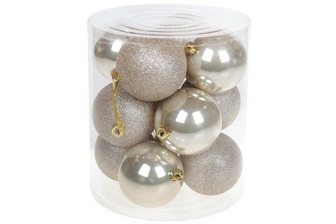 147-339 Set of Christmas tree balls 8cm, color - champagne, 12pcs: glitter, mother of pearl - 6pcs each