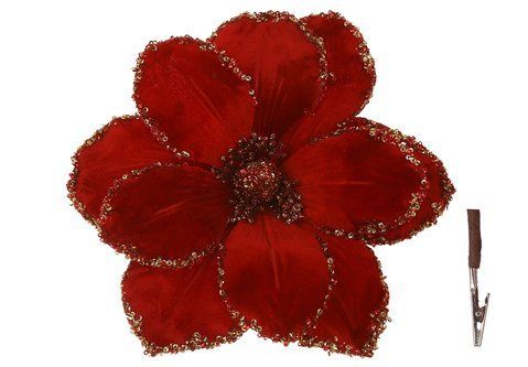 333-730 Velvet flower Magnolia on a clip with sequins D28cm, color - red with gold