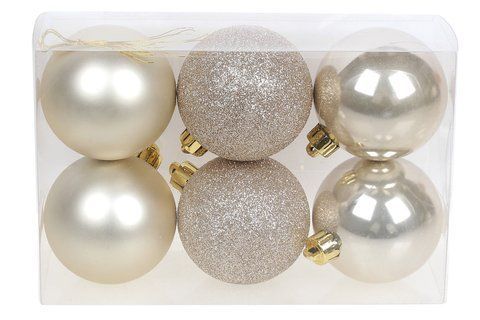 147-334 Set of Christmas tree balls 6cm, color - champagne, 6pcs: mother-of-pearl, matte, glitter - 2pcs each