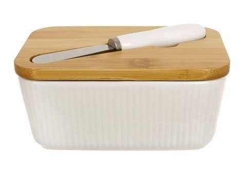 938-043 Porcelain butter dish with knife and bamboo lid 14cm