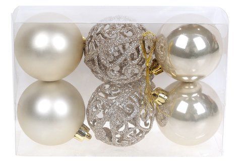 147-333 Set of Christmas tree balls Openwork, 6cm, color - champagne, 6pcs: 2pcs - matte, 2pcs - mother-of-pearl, 2pcs - openwork glitter