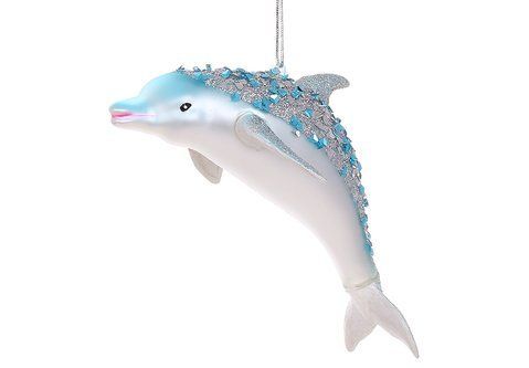 NY29-487 Christmas tree decoration made of glass Dolphin with sequins 14cm, color - blue