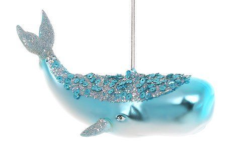 NY29-485 Christmas tree decoration made of glass Whale with sequins 13cm, color - blue