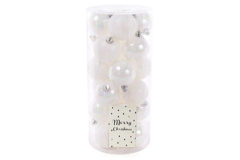 147-108 Set of Christmas tree balls 6cm, color - white pearl, 24pcs: 12pcs - pearl, 12pcs - glitter