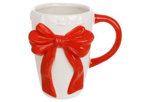 834-454 Ceramic mug Bow 580 ml, color - white with red