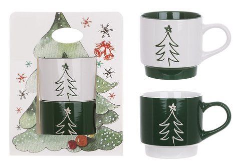 B04-012 Set of porcelain mugs "Herringbone", 400ml, 2 designs, color - green with white