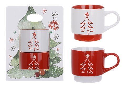 B04-013 Set of porcelain mugs Christmas tree, 400ml, 2 designs, color - red with white